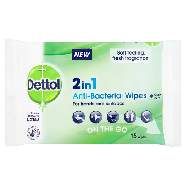 Dettol 2 in 1 Anti-Bacterial Wipes On The Go 15 Pack