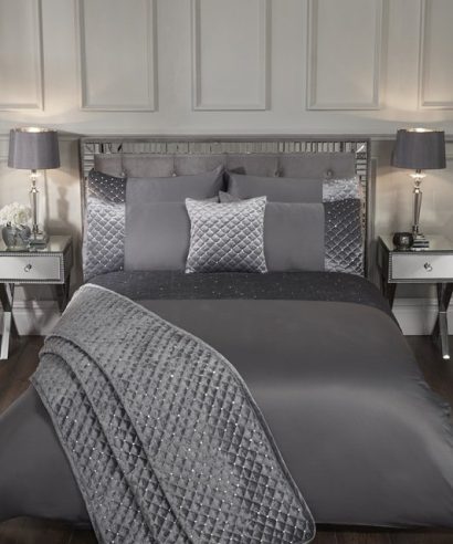 Emma Barclay Elysium Quilted Velvet Sequin Duvet Set – Silver bedding set