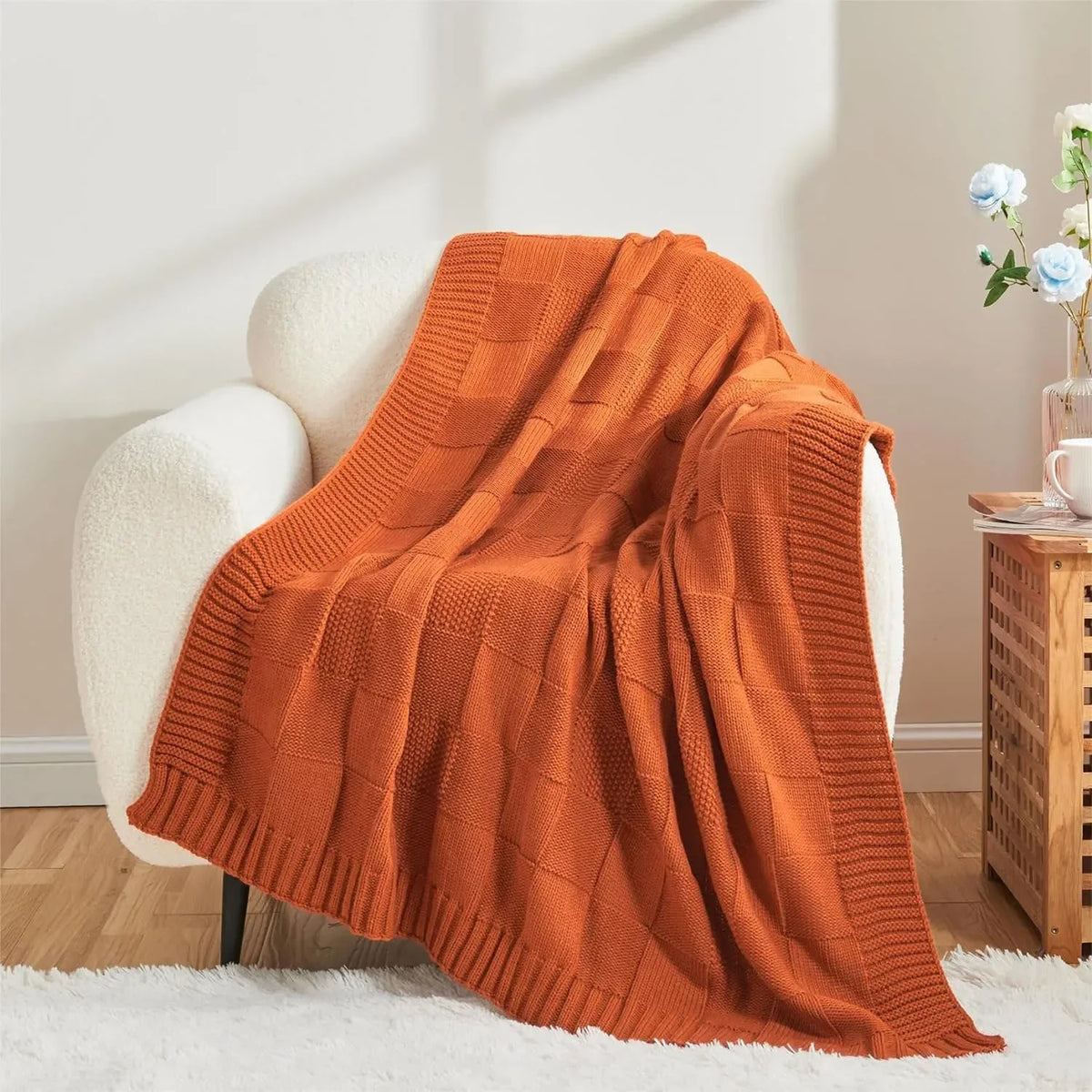 Boho Waffle-Knit Sofa Throw – 127 × 152cm