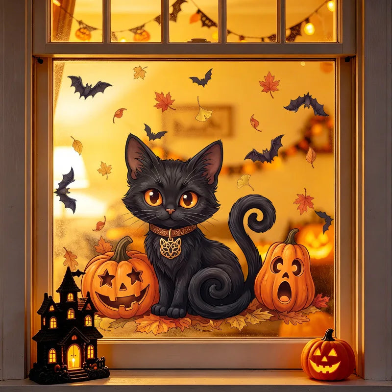 Halloween Window Stickers – Cat, Pumpkin & Bat – electrostatic