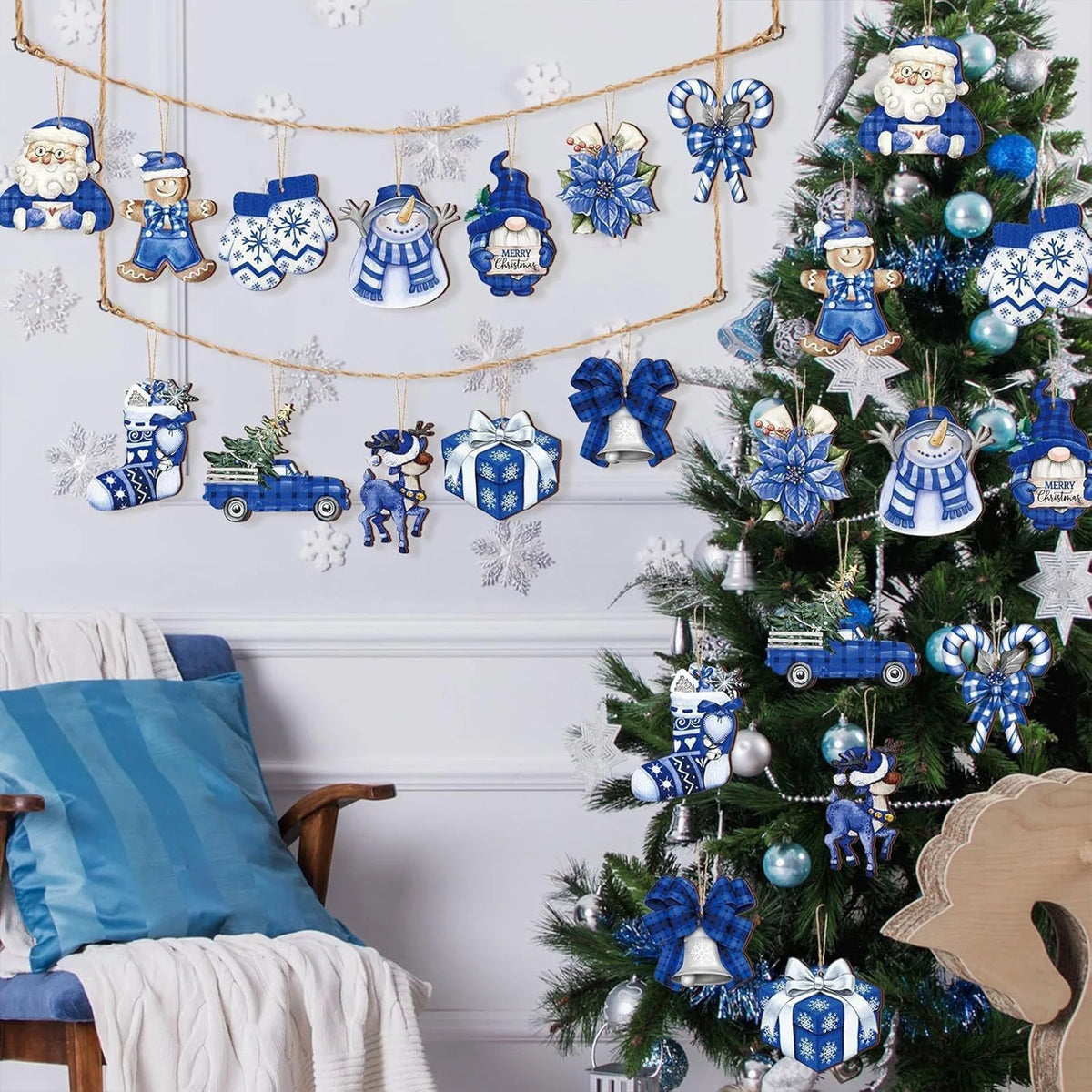 Blue Wooden Christmas Ornament Set – 12, 24 or 36 Pack - 12 pcs set 2D - LOWZY
