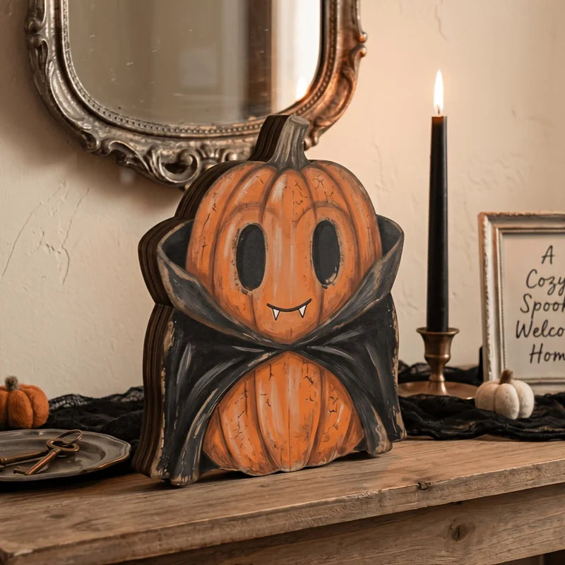 retro wooden autumn and Halloween shelf block decoration