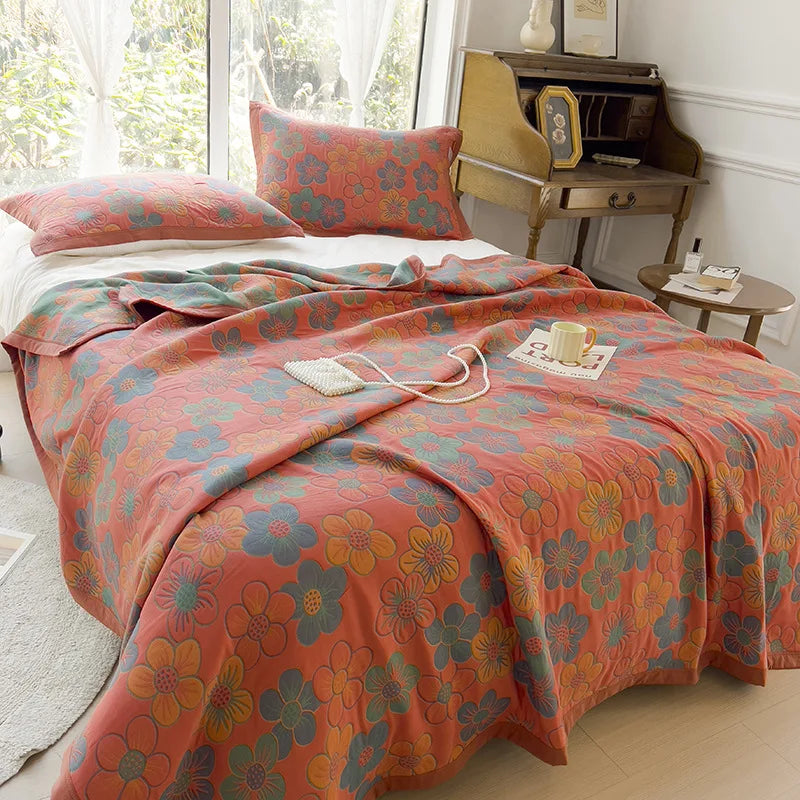 Vintage Cotton Jacquard Blanket & Pillow Towel Options – Sea of flower / 230x250cm Blanket