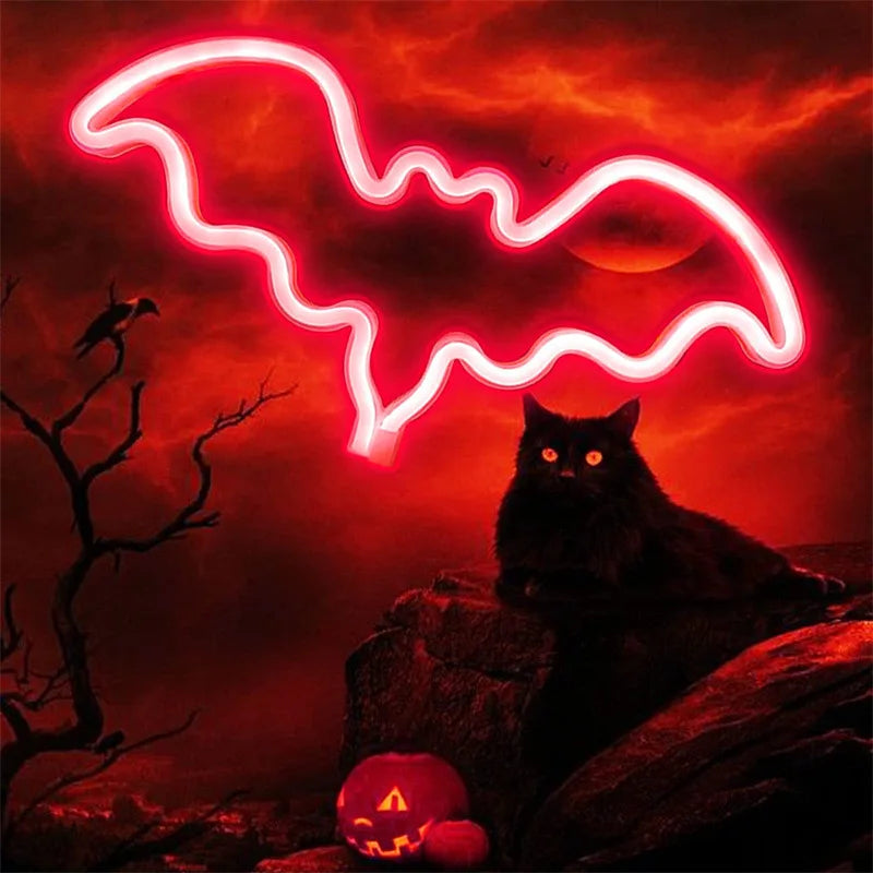 LED Bat & Moon Neon Halloween Light – 30cm – Bat Moon pink