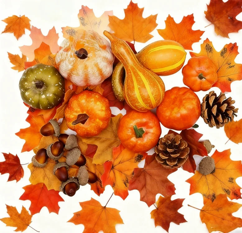 fifty piece autumn harvest decoration set with pumpkins and leaves