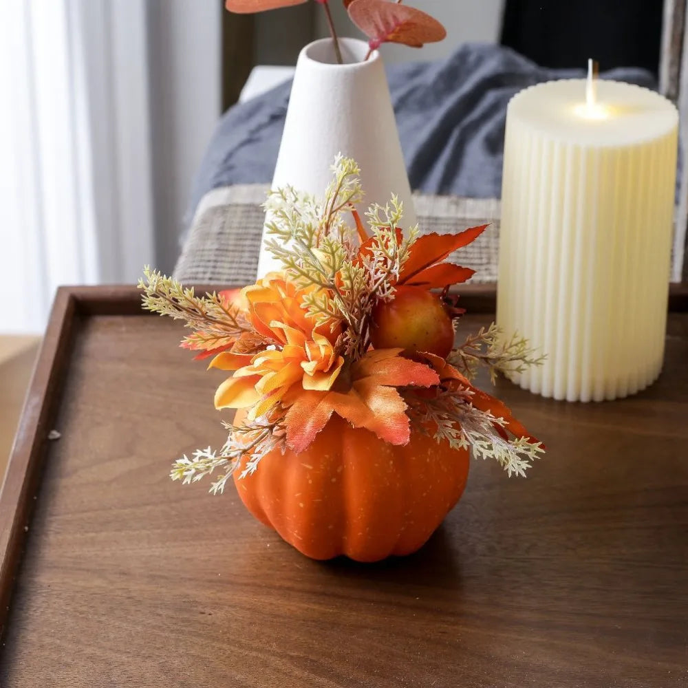 artificial autumn pumpkin ornament with chrysanthemum detail