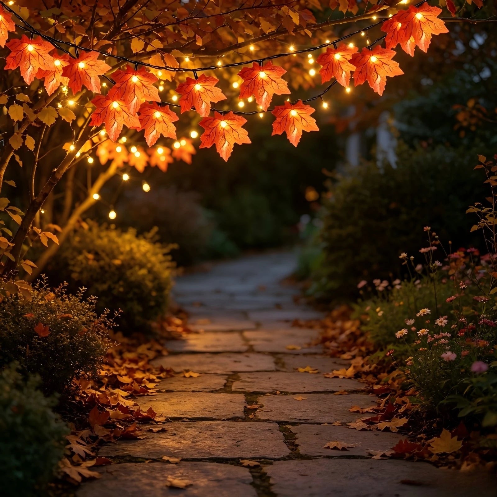 orange maple leaf autumn LED string lights warm white