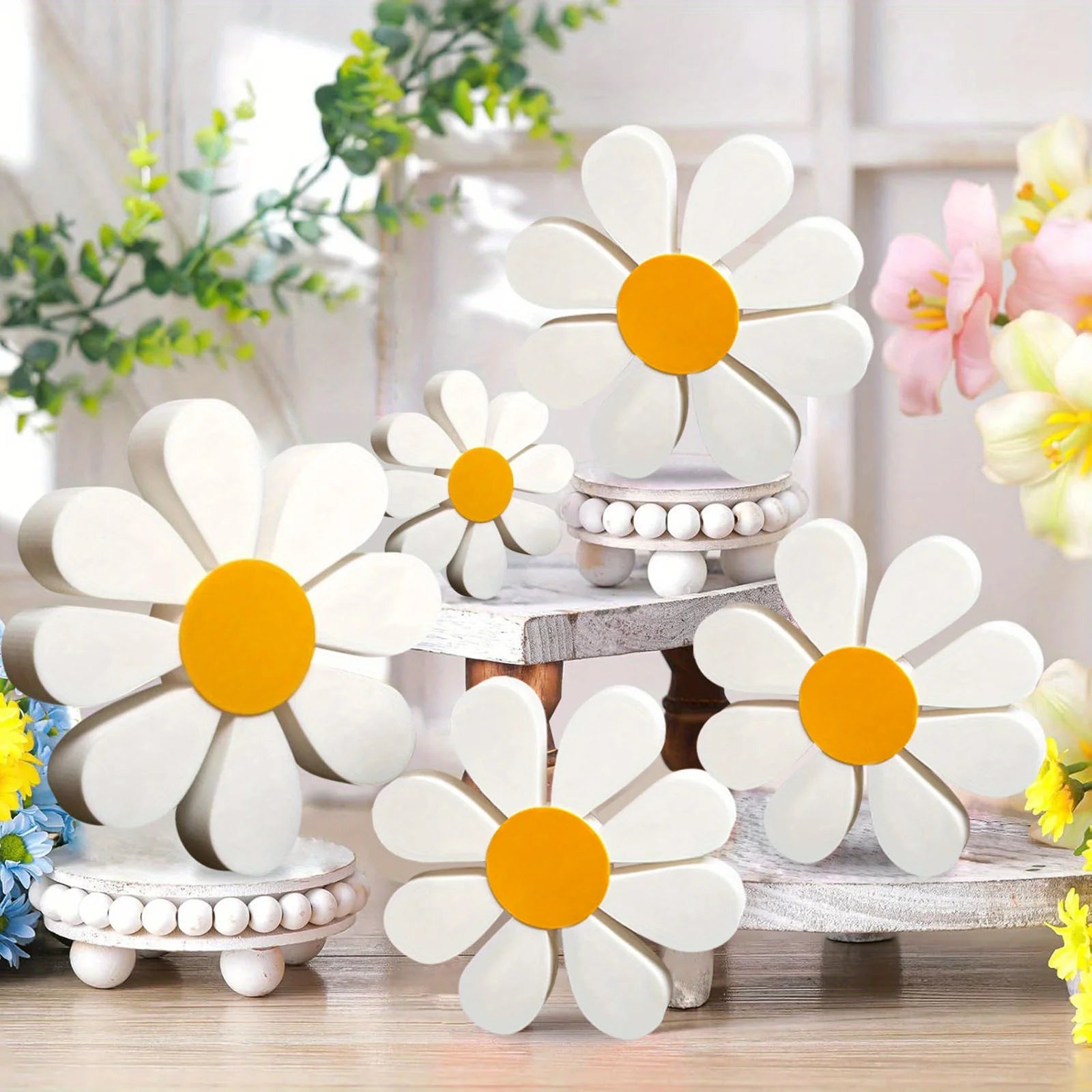 3-Piece Wooden Daisy Decoration – Vintage Floral Décor