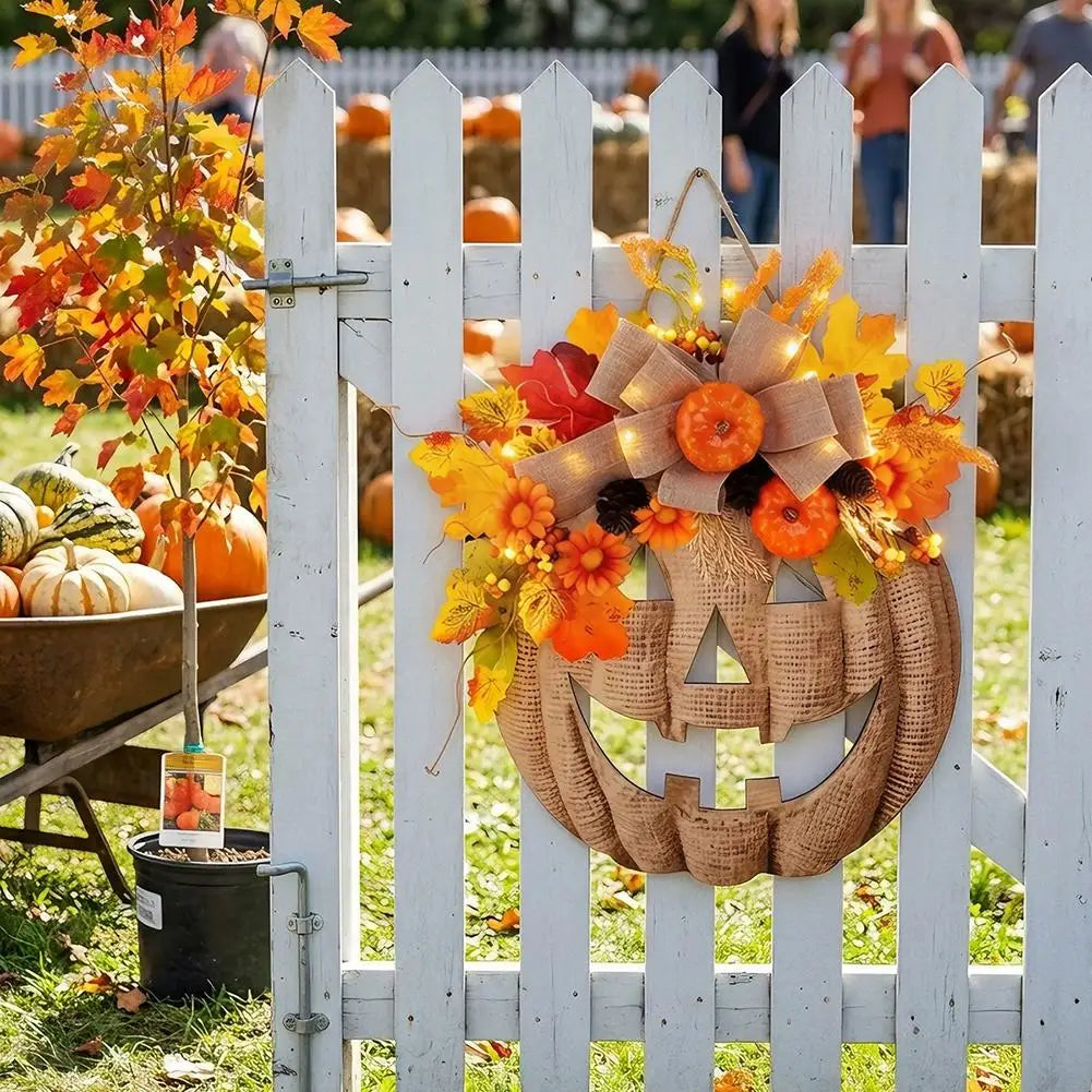light up autumn pumpkin door hanger with maple leaves and bow