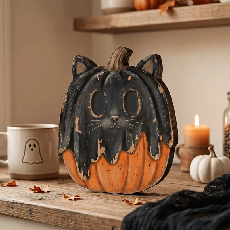 retro wooden autumn and Halloween shelf block decoration