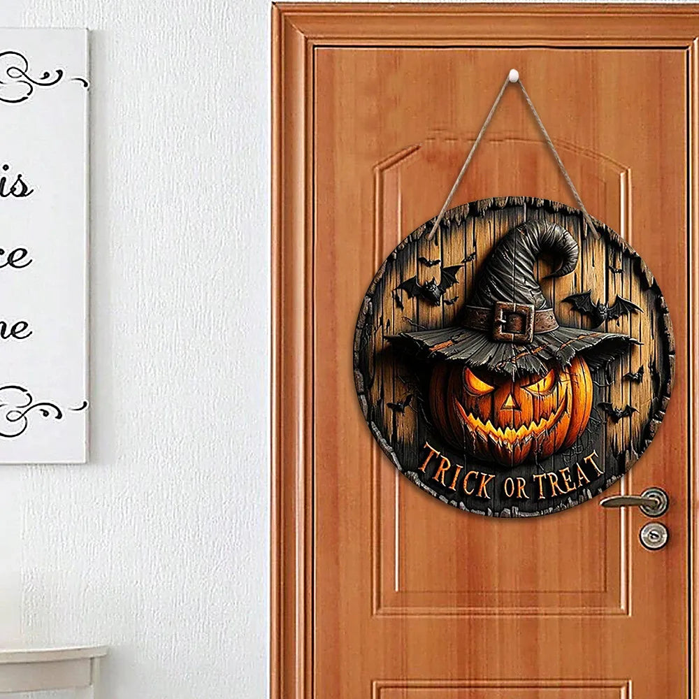 Wooden Halloween Round Sign – Pumpkin & Ghost 20 cm