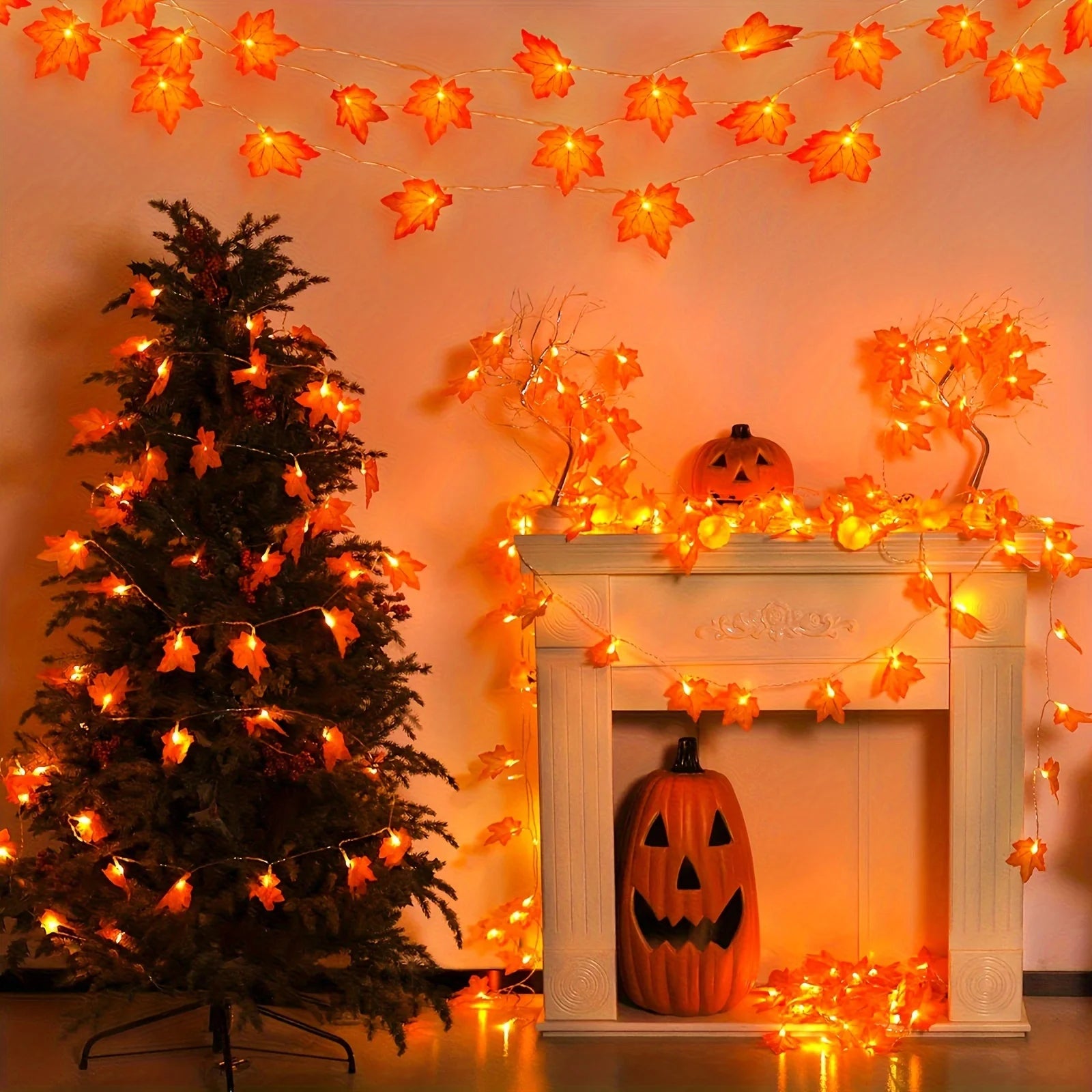 orange maple leaf autumn LED string lights warm white