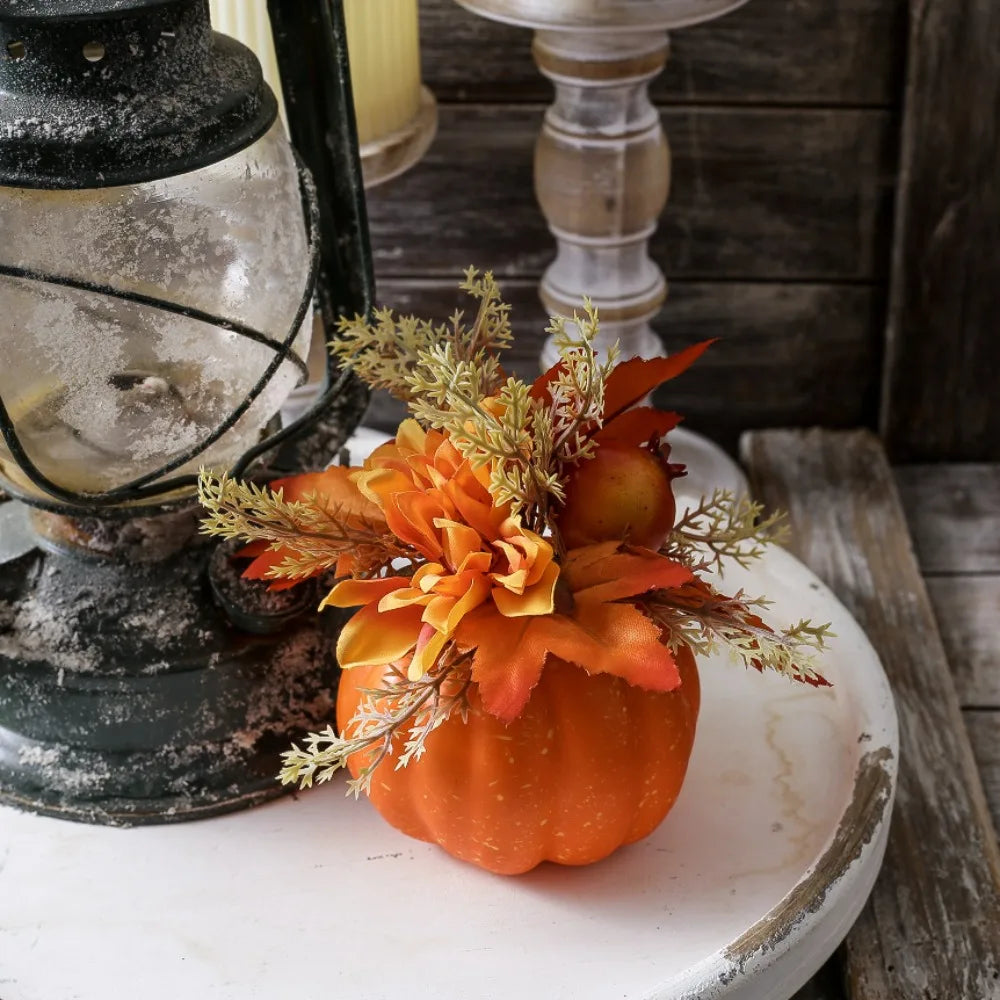 artificial autumn pumpkin ornament with chrysanthemum detail
