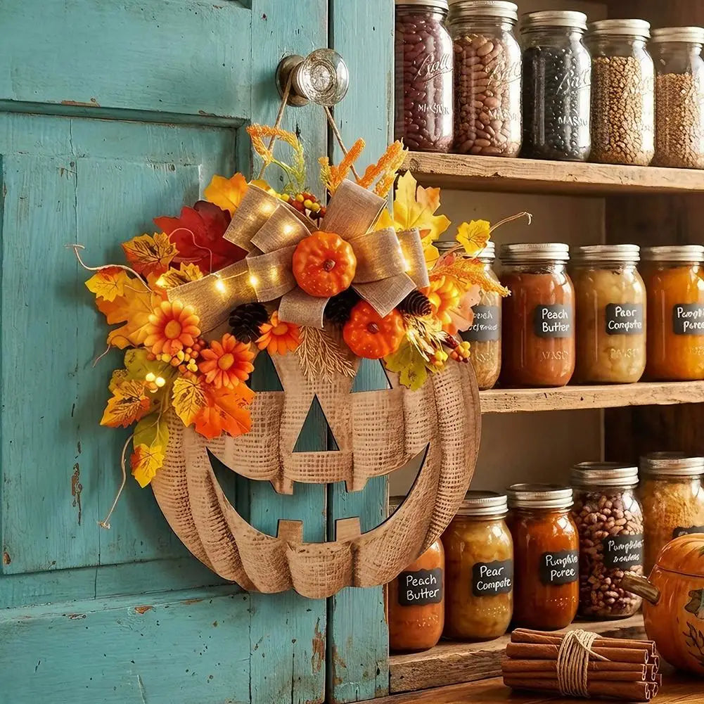 light up autumn pumpkin door hanger with maple leaves and bow