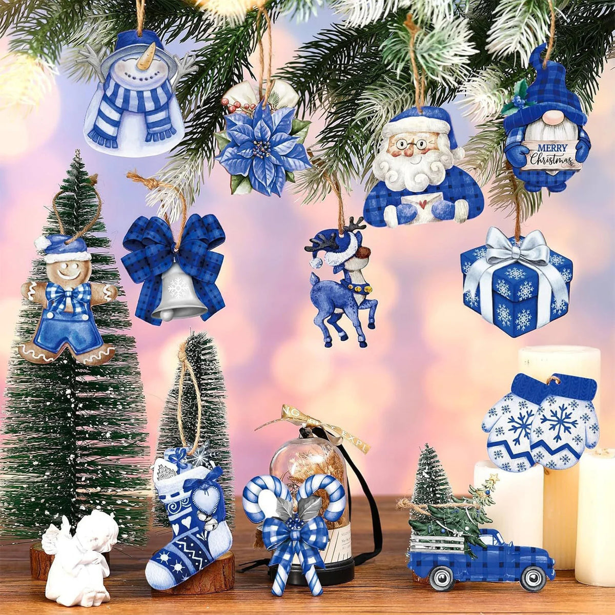 Blue Wooden Christmas Ornament Set – 12, 24 or 36 Pack - 36 pcs set 2D - LOWZY