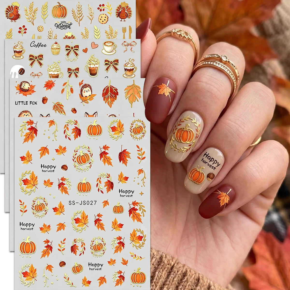 Metallic Autumn Nail Art Stickers – Fox, Hedgehog & Leaves