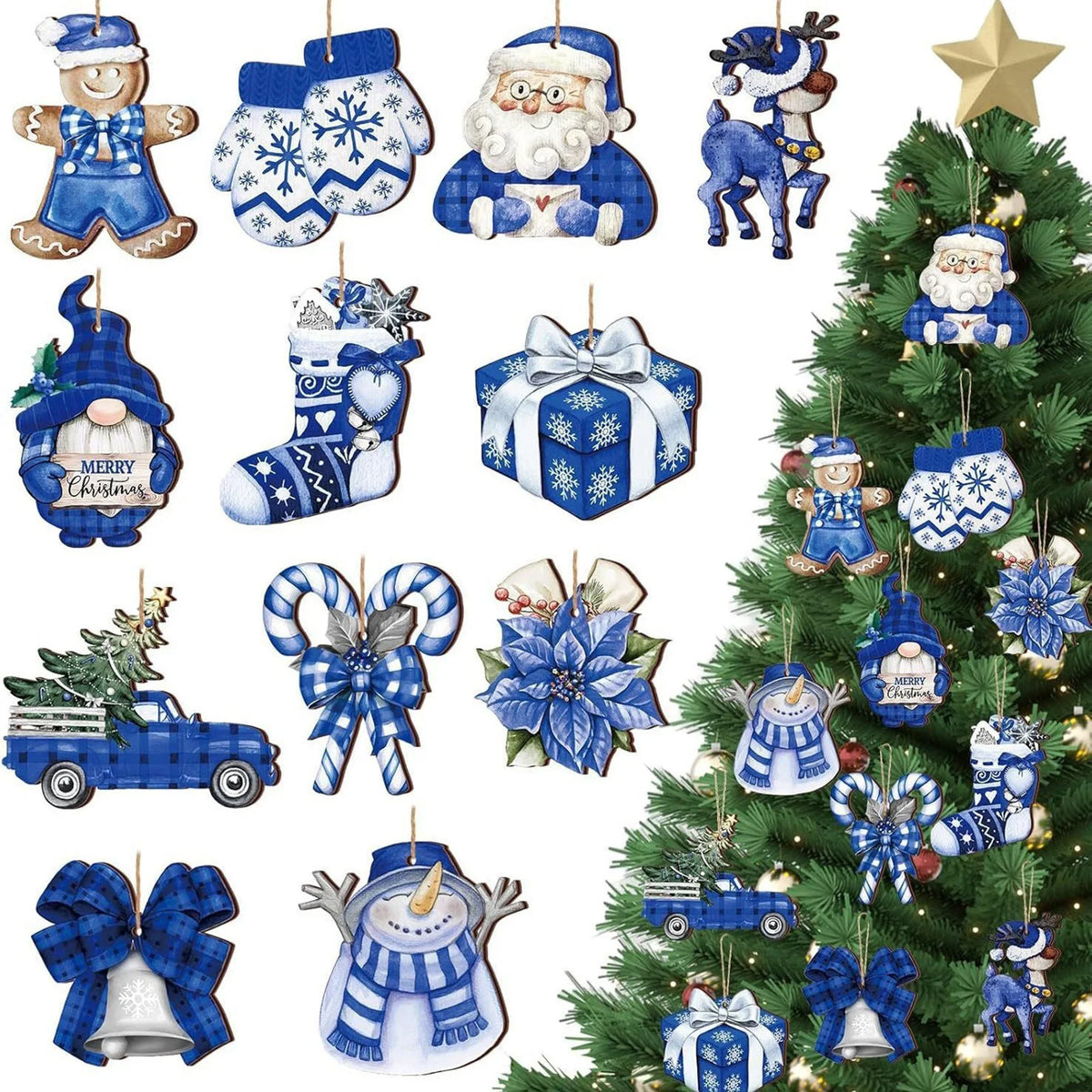 Blue Wooden Christmas Ornament Set – 12, 24 or 36 Pack - 24 pcs set 2D - LOWZY