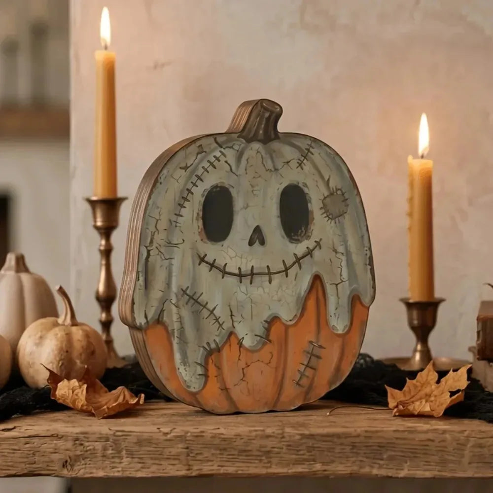 retro wooden autumn and Halloween shelf block decoration