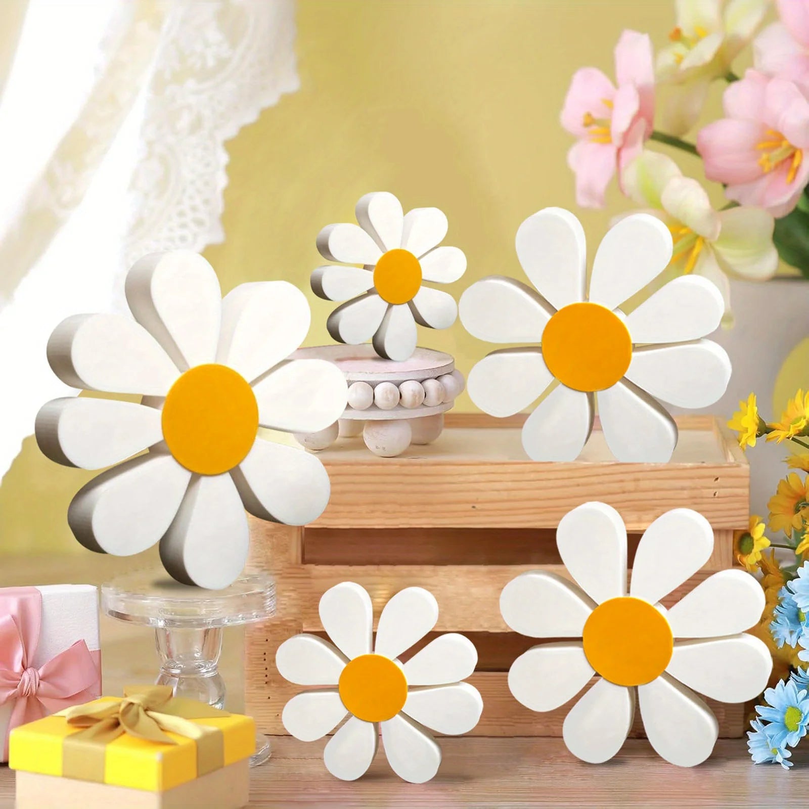 3-Piece Wooden Daisy Decoration – Vintage Floral Décor