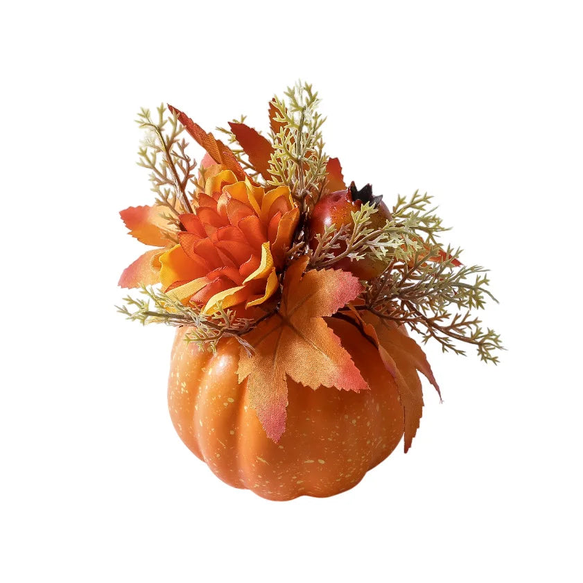 artificial autumn pumpkin ornament with chrysanthemum detail