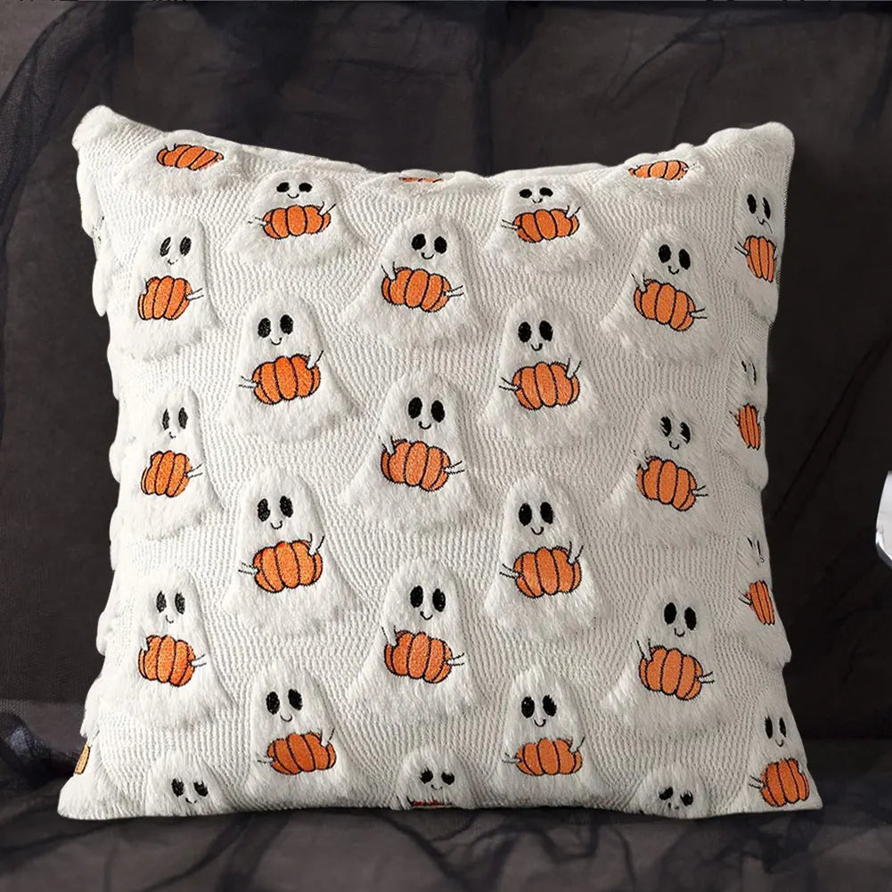 Halloween Plush Cushion Cover – Ghost, Pumpkin & Bat 45cm