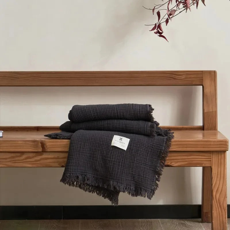 4-Layer Cotton Muslin Throw with Tassels – 2 Sizes – Brown / 130x170cm