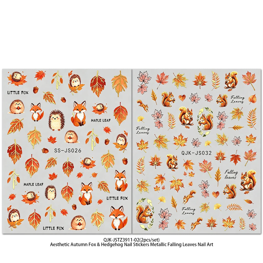 Metallic Autumn Nail Art Stickers – Fox, Hedgehog & Leaves