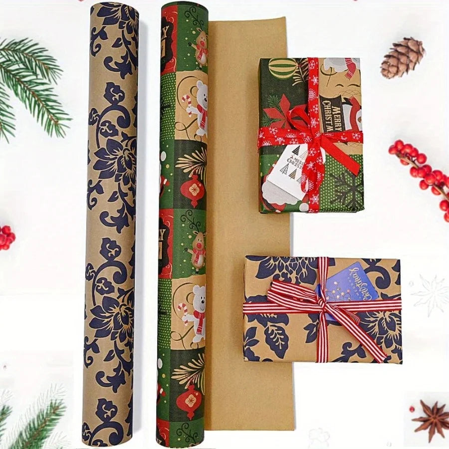 Festive Kraft Christmas Wrapping Paper Roll - LOWZY