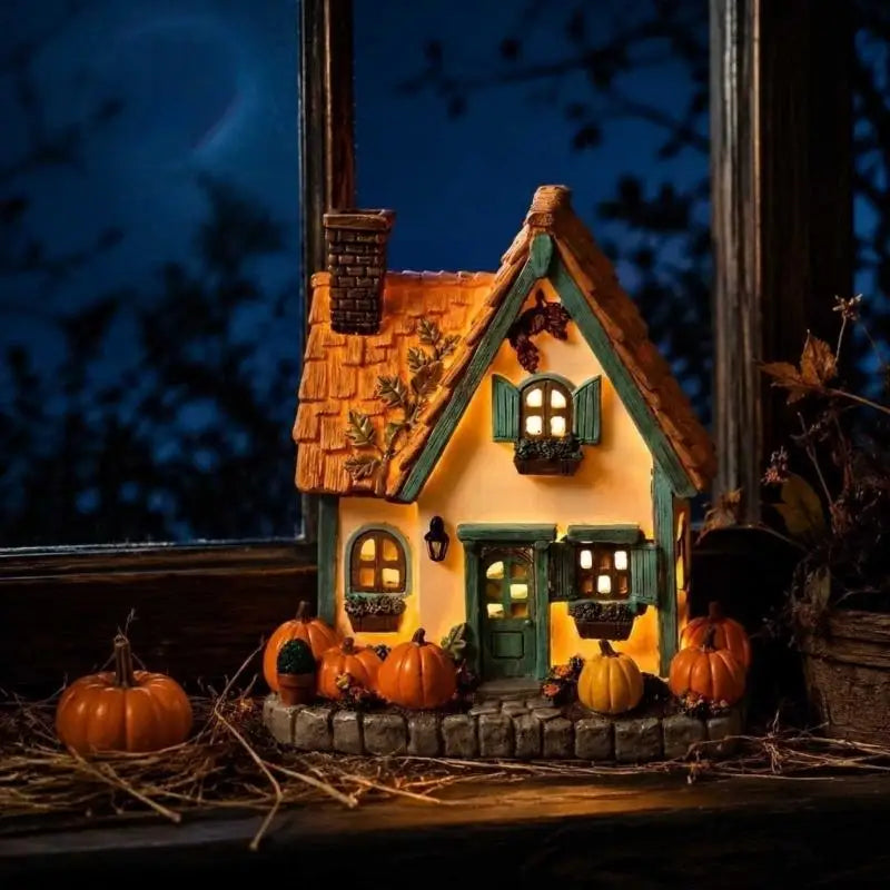 LED autumn pumpkin house resin ornament with warm light