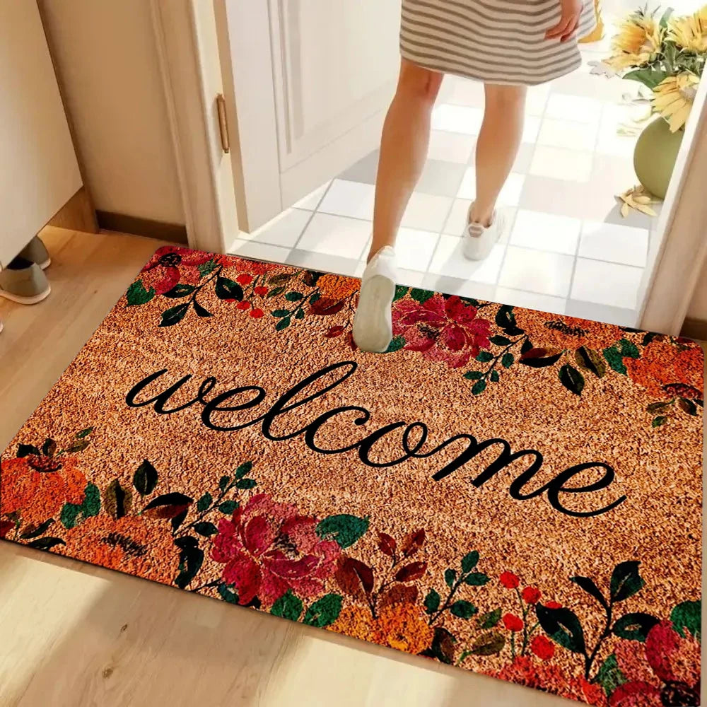 Retro Orange Floral Welcome Doormat