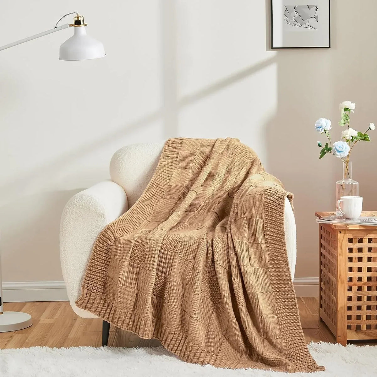 Boho Waffle-Knit Sofa Throw – 127 × 152cm