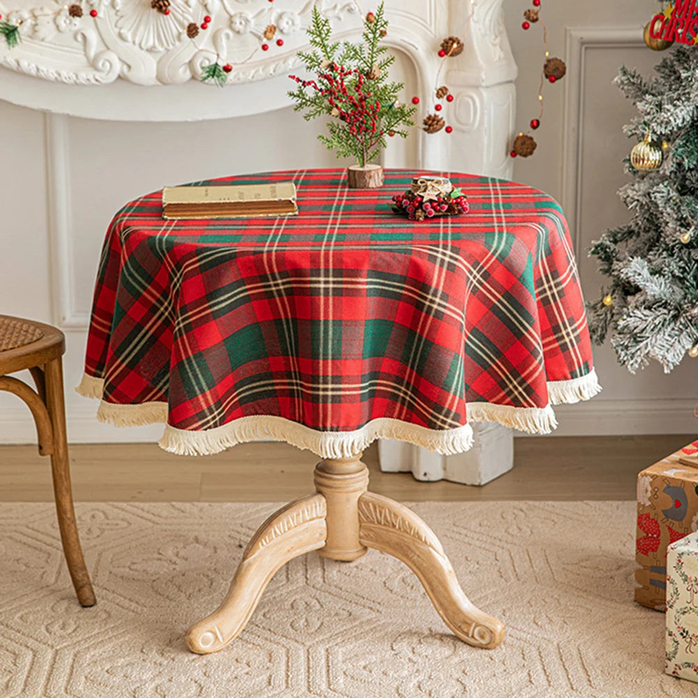 Vintage Tartan Round Christmas Tablecloth - Red white - LOWZY