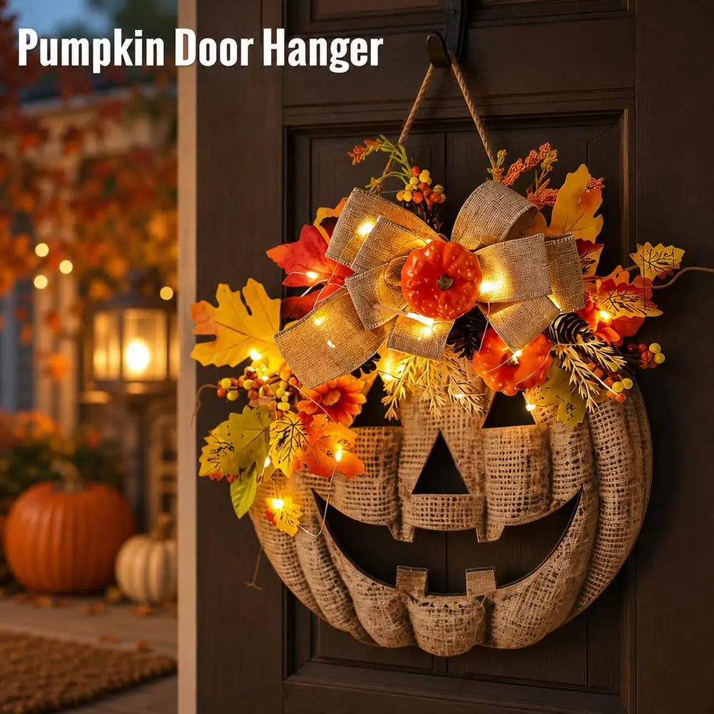 light up autumn pumpkin door hanger with maple leaves and bow
