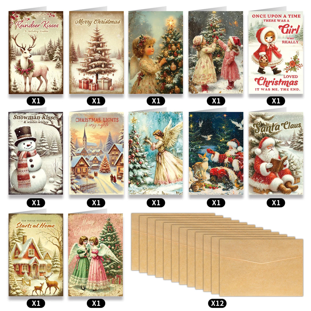 Vintage Christmas Cards – 12 Pack - 12pcs - LOWZY