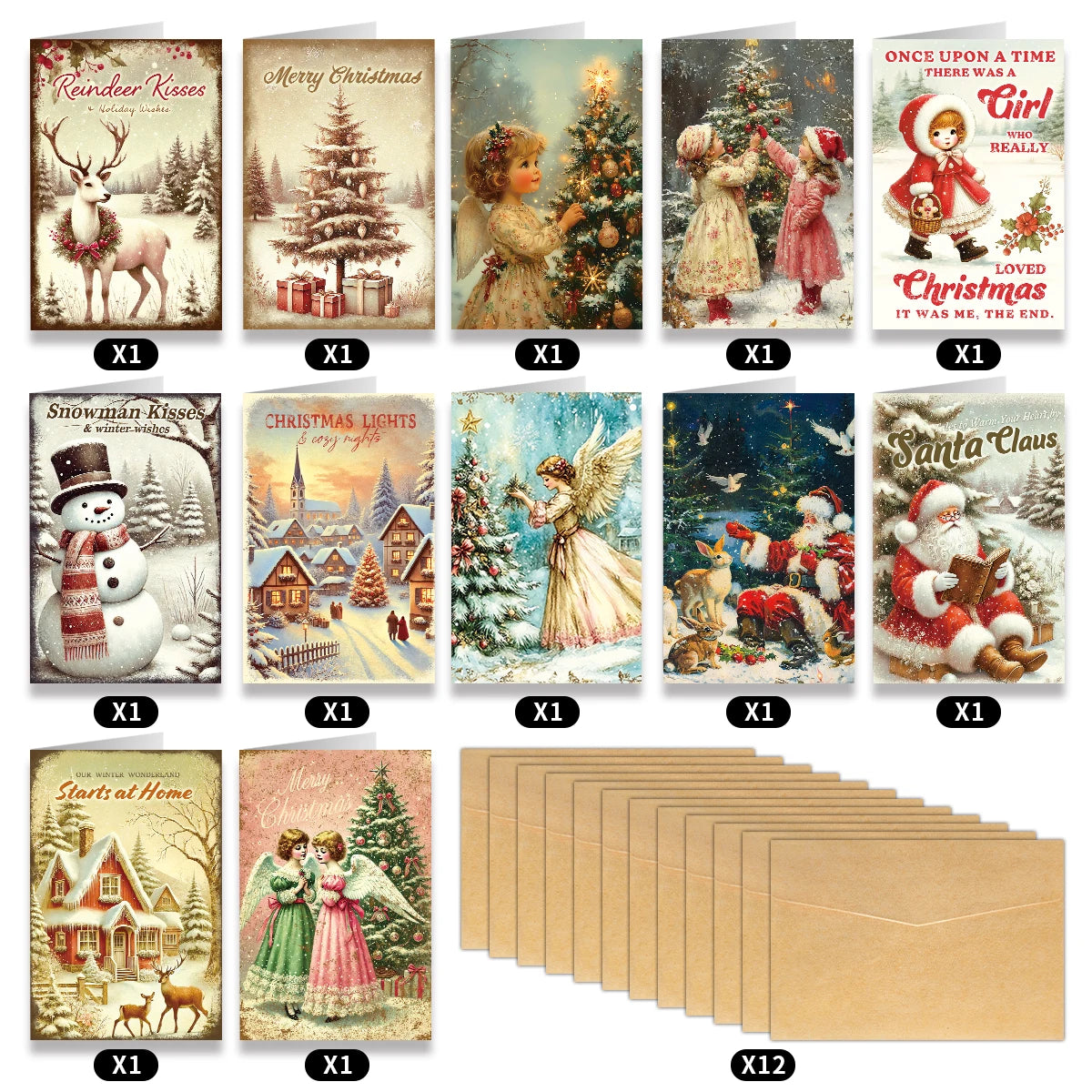Vintage Christmas Cards – 12 Pack - 12pcs - LOWZY