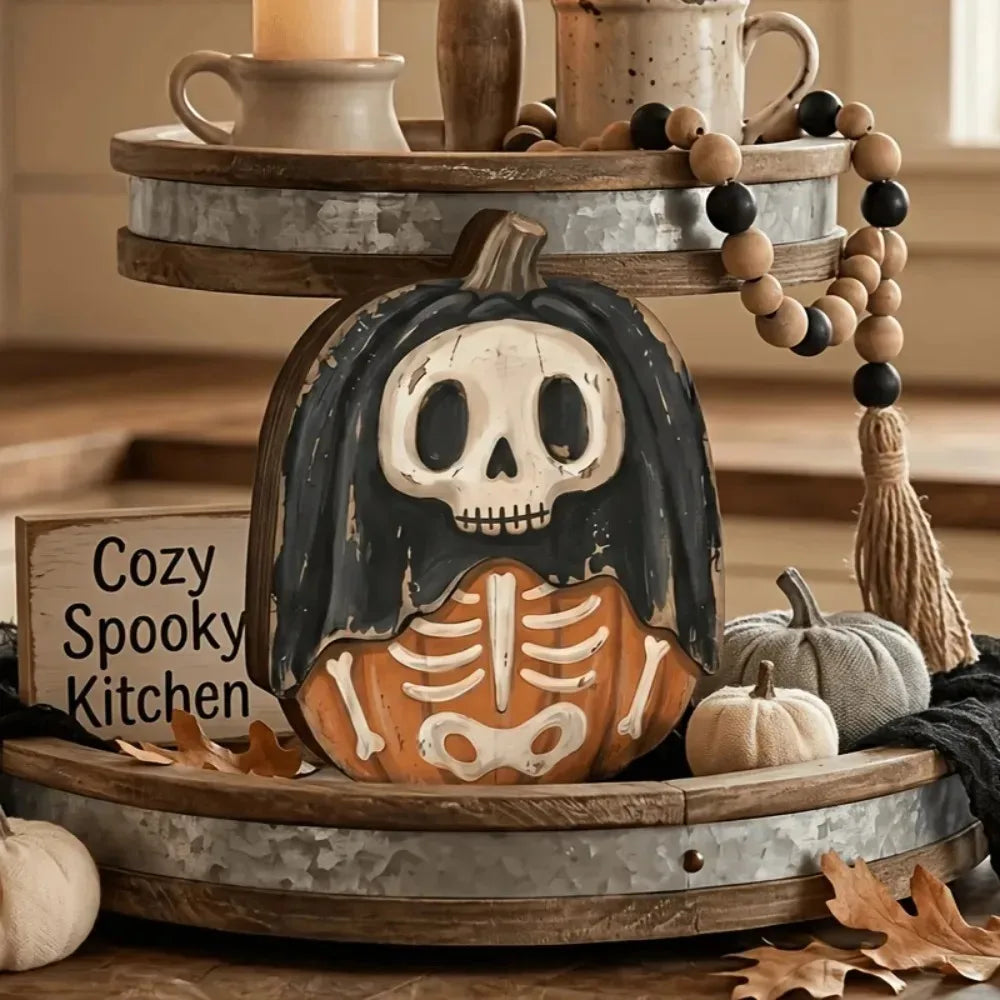 retro wooden autumn and Halloween shelf block decoration