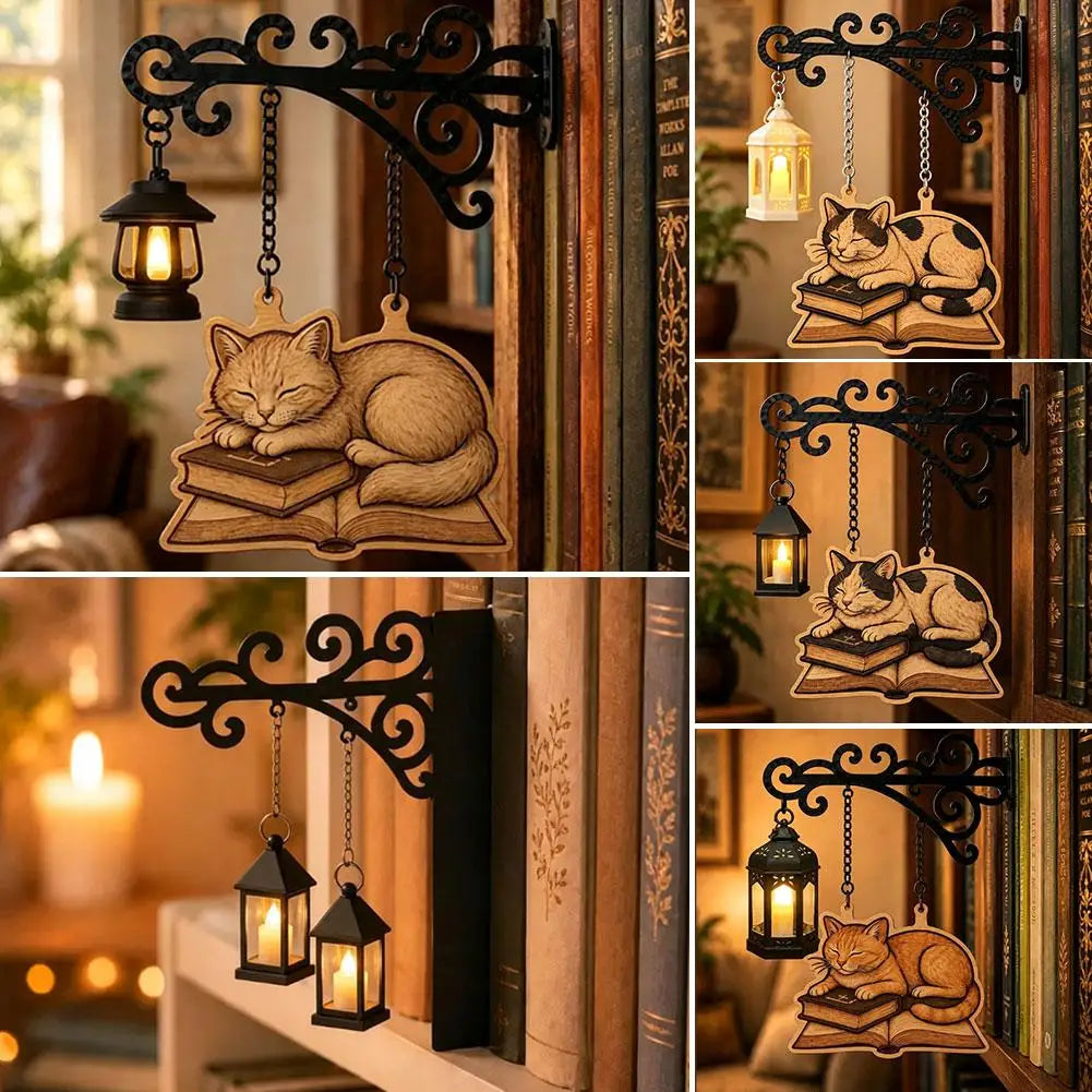 Cat Bookshelf Lantern Light – Vintage Reading Corner Décor