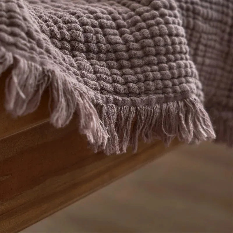 4-Layer Cotton Muslin Throw with Tassels – 2 Sizes – Dark Green / 200x230cm