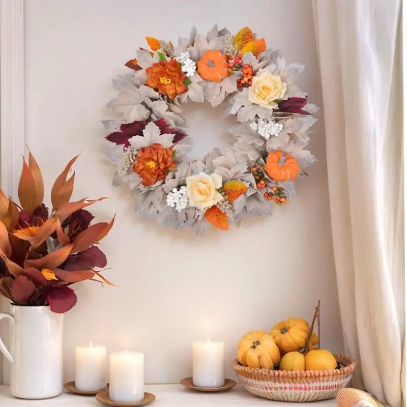 autumn pumpkin and maple leaf wreath for door or mantel