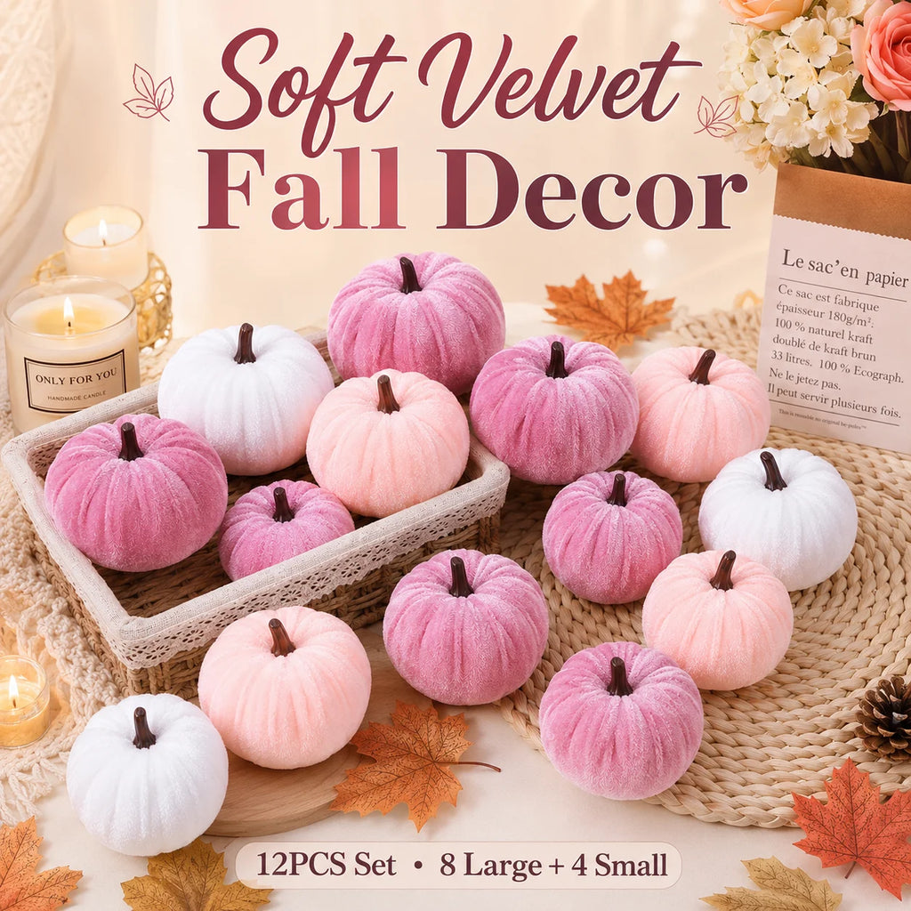twelve piece pink faux velvet autumn pumpkin decoration set