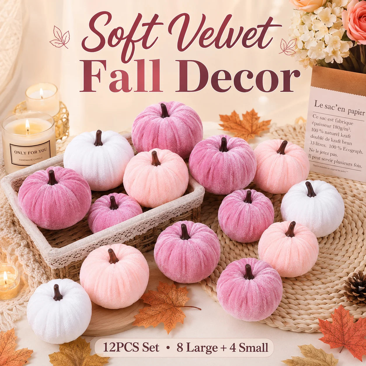 twelve piece pink faux velvet autumn pumpkin decoration set