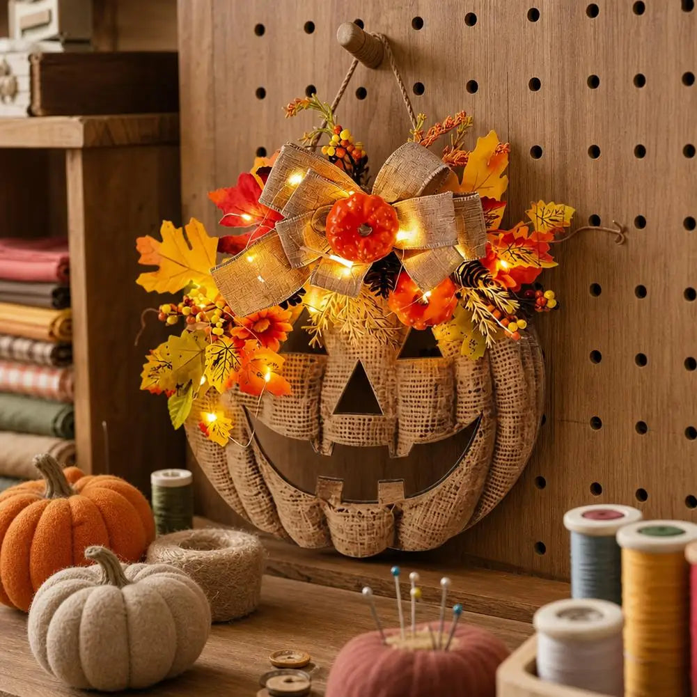 light up autumn pumpkin door hanger with maple leaves and bow