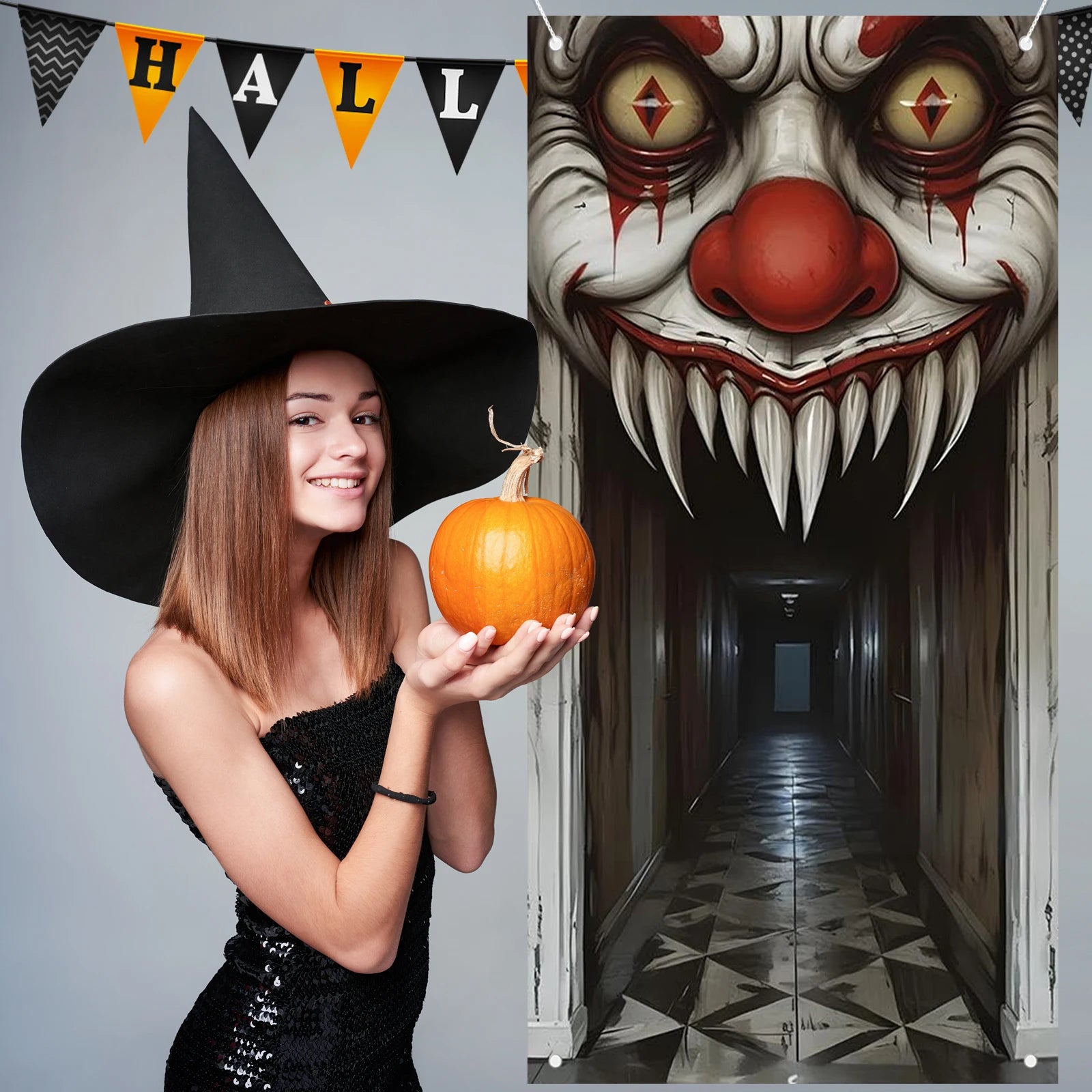 Spooky Halloween Door Cover – Witch & Zombie Scene