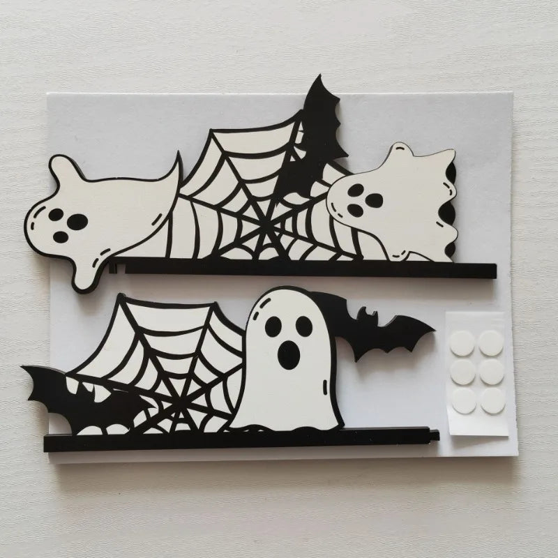 Wooden Halloween Door Corner Decoration – Ghost, Bat & Spider