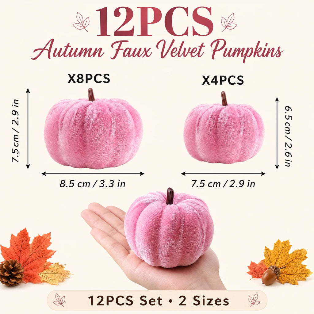 twelve piece pink faux velvet autumn pumpkin decoration set