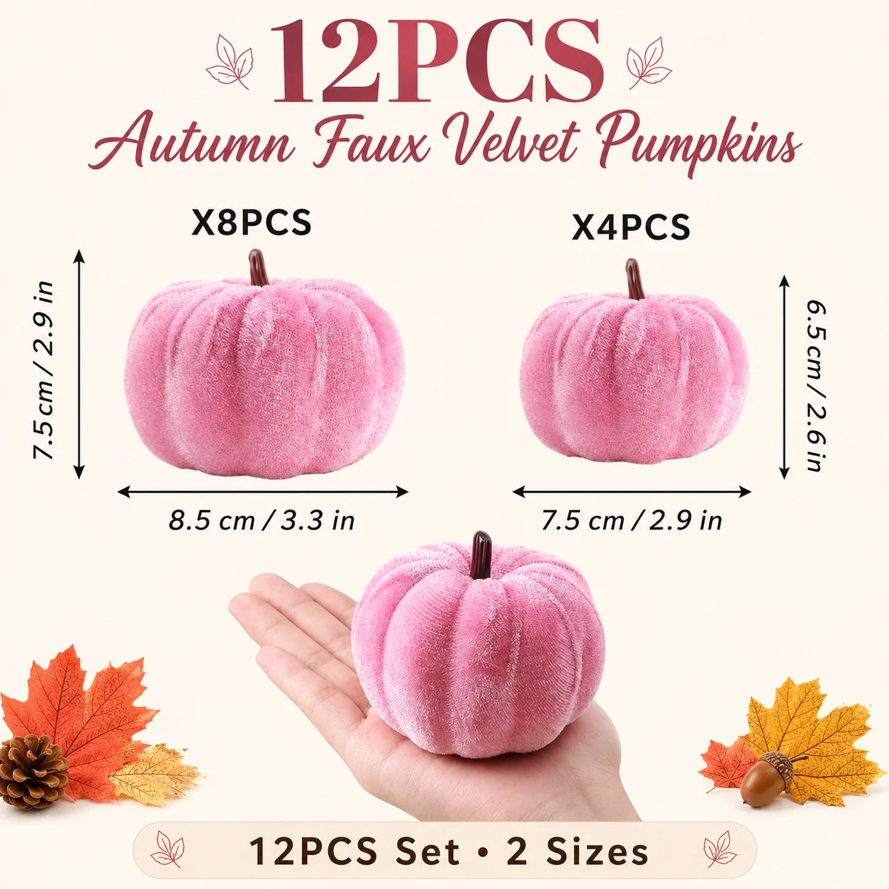 twelve piece pink faux velvet autumn pumpkin decoration set