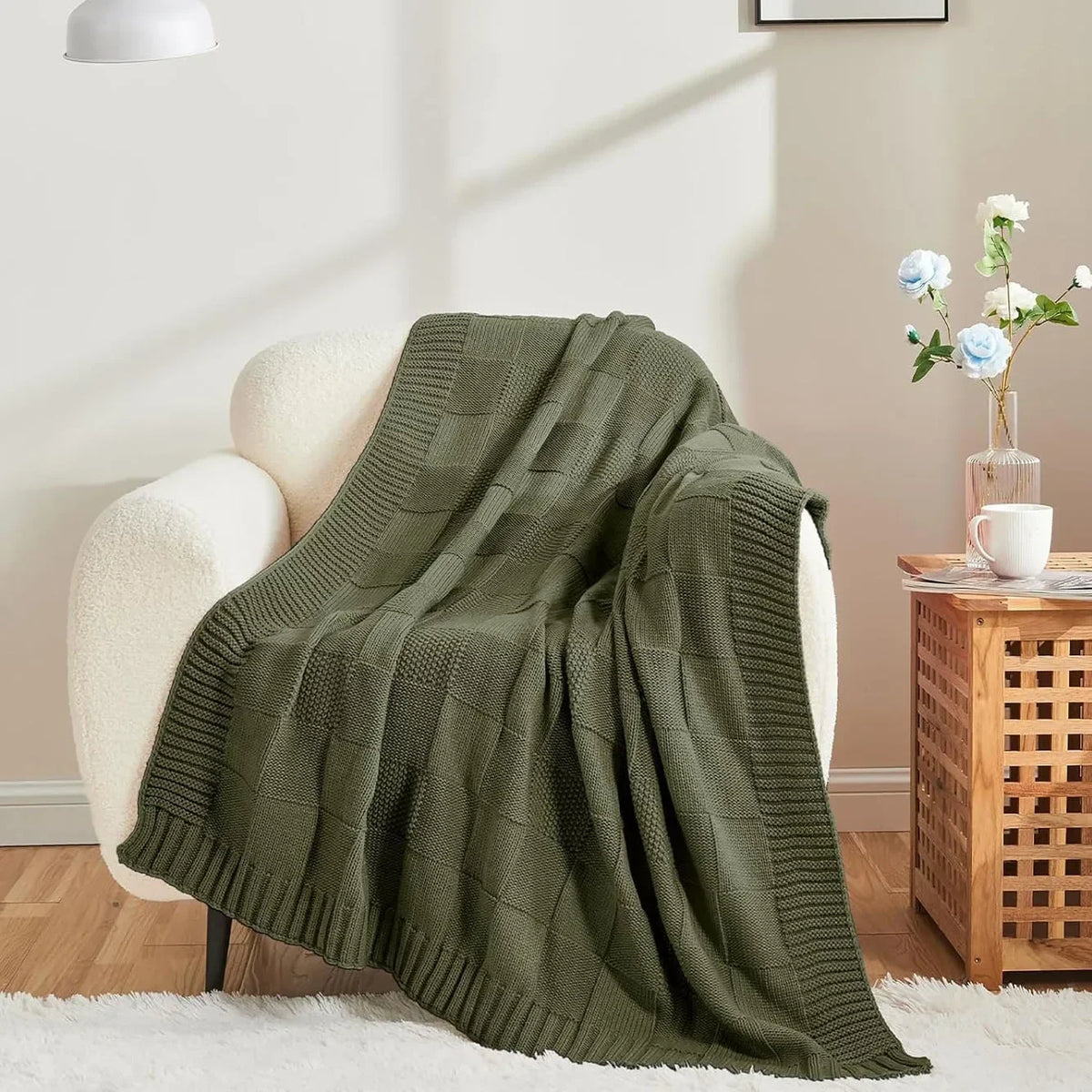 Boho Waffle-Knit Sofa Throw – 127 × 152cm – Light green / 127x152cm