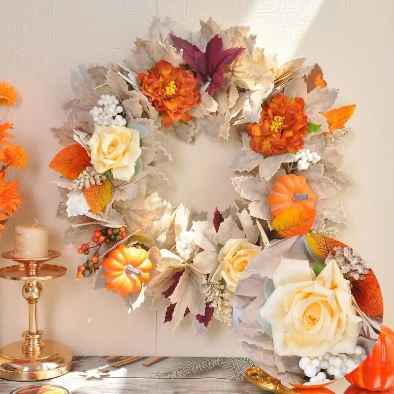 autumn pumpkin and maple leaf wreath for door or mantel