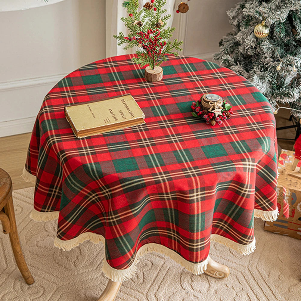 Vintage Tartan Round Christmas Tablecloth - Red - LOWZY