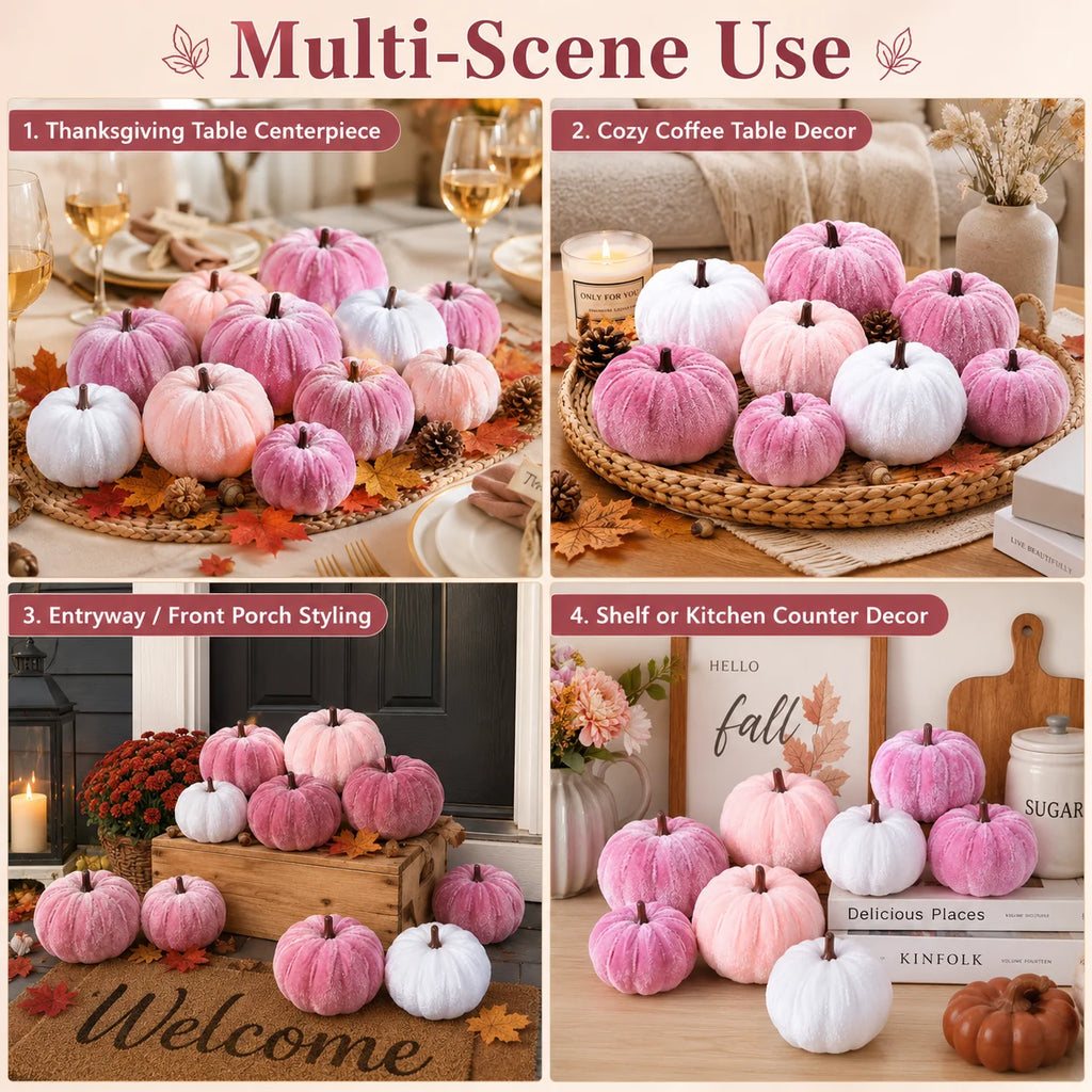 twelve piece pink faux velvet autumn pumpkin decoration set